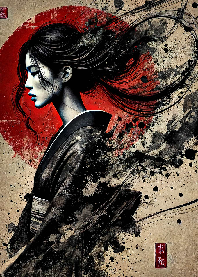 Geisha in Kimono with Red Sun
