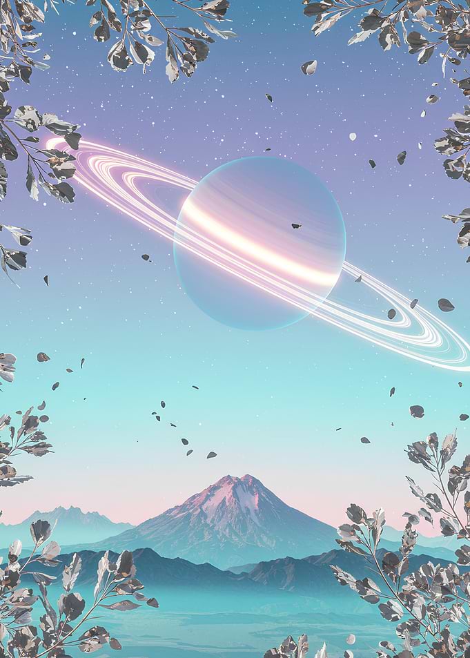 Surreal Planetscape with Mountain and Foliage