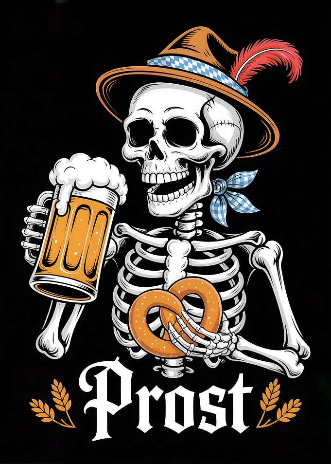 Oktoberfest Skeleton with Beer and Pretzel