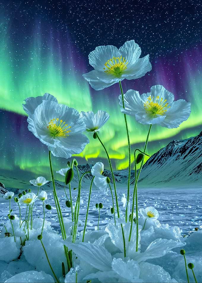 White Flowers Under Aurora Borealis