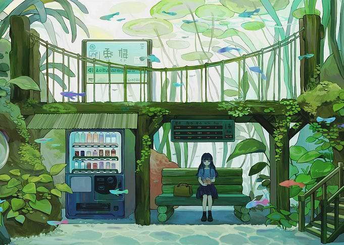 Anime Girl at Aquatic Bus Stop