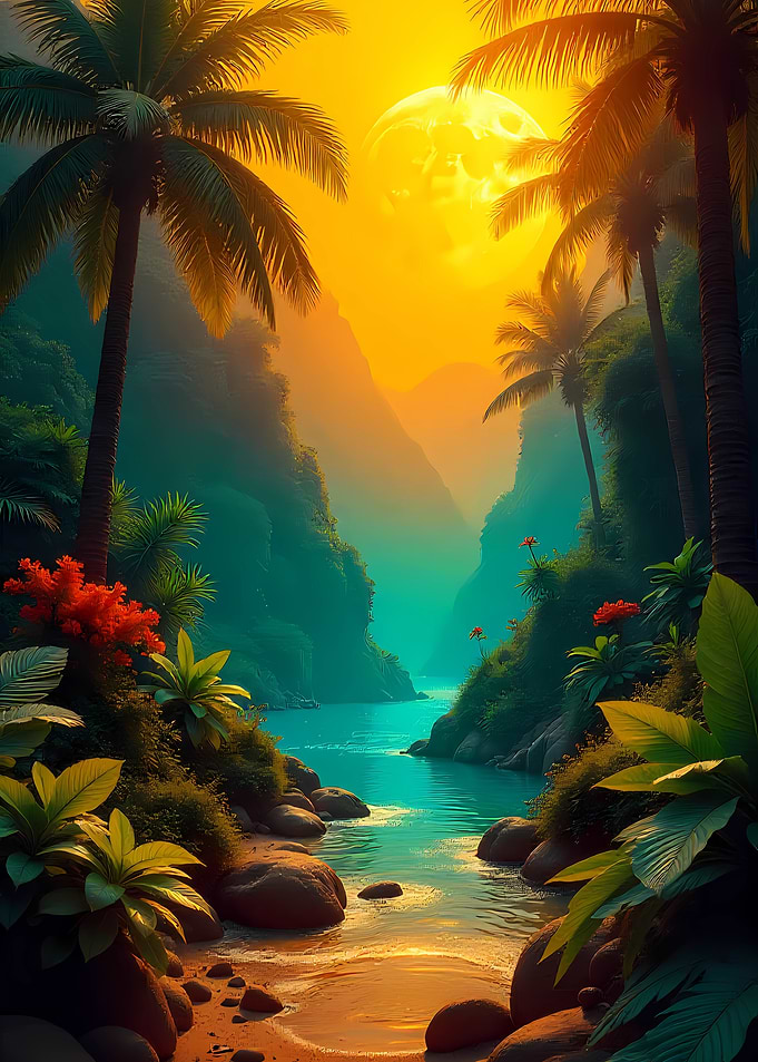 Tropical River Landscape with Palm Trees