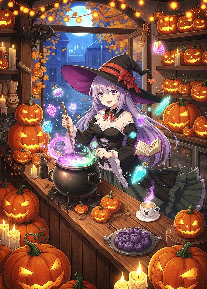 Anime Witch Brewing Potion with Pumpkins