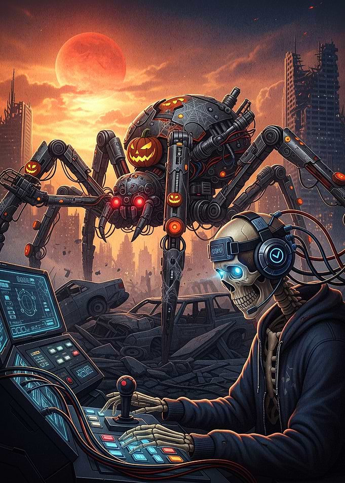 Cyberpunk Halloween: Skeleton and Robotic Spider
