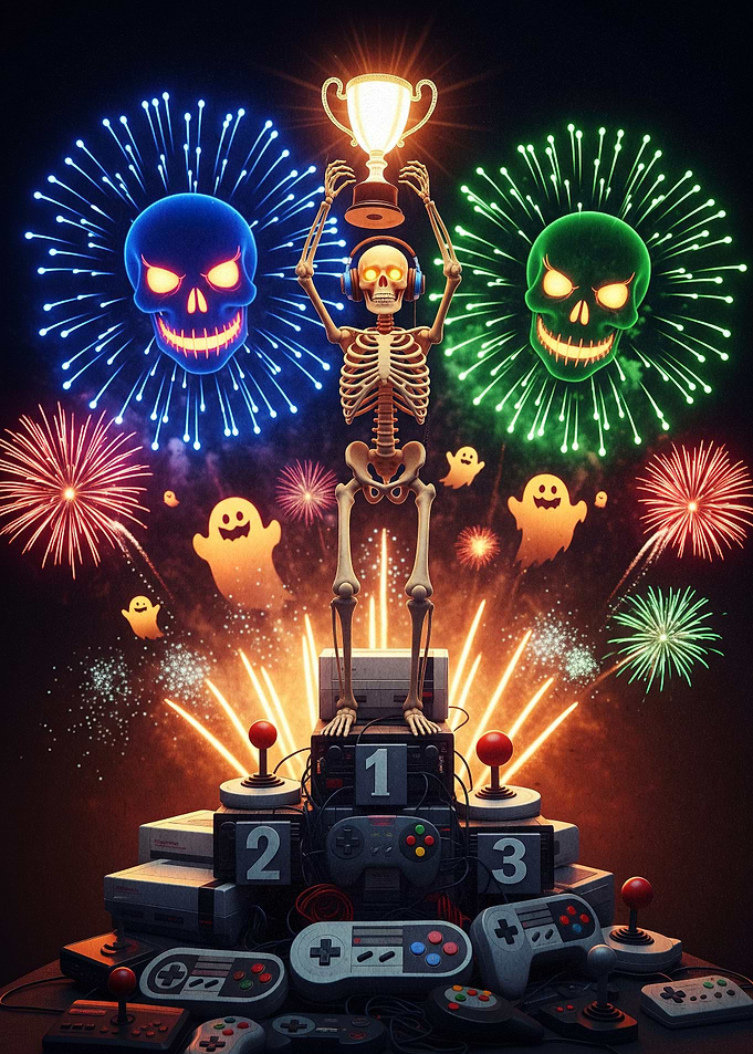 Gaming Victory Celebration with Skeleton and Fireworks