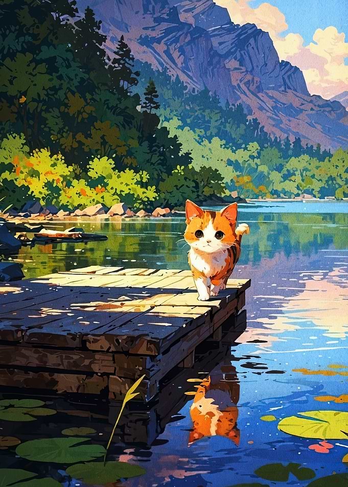 Cat on Dock by Lake