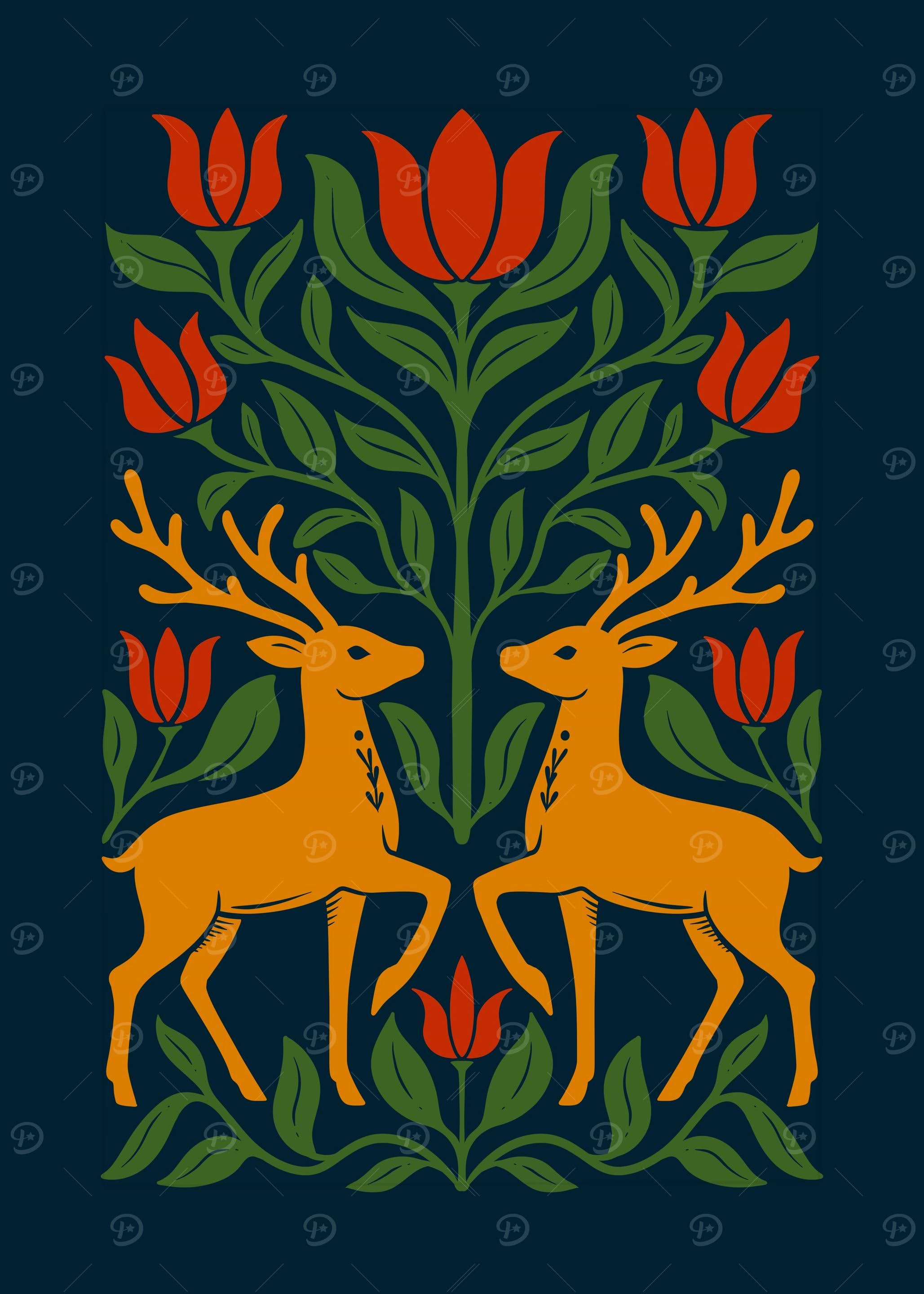 Symmetrical Deer and Floral Pattern