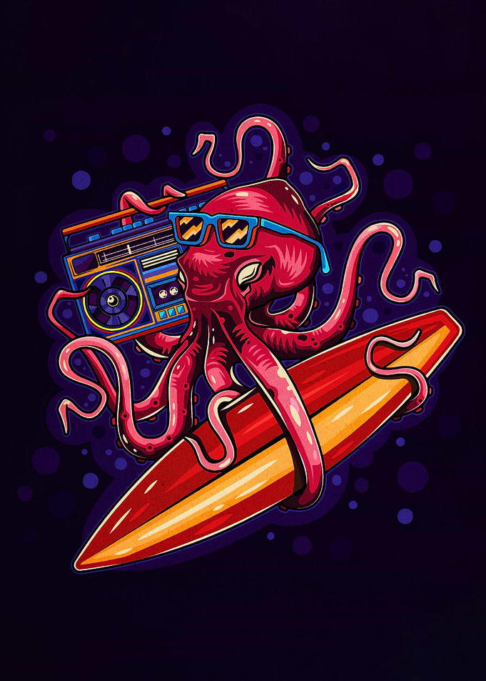 Surfing Octopus with Boombox Illustration
