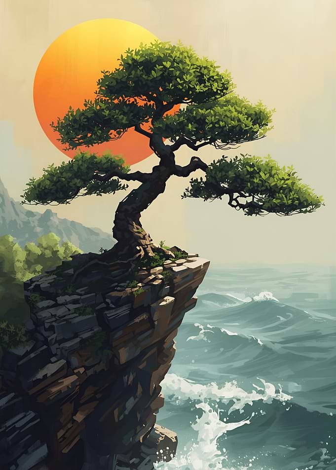 Bonsai Tree on Cliffside with Ocean View