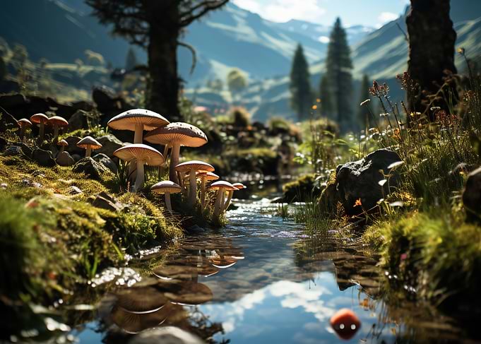 Mushroom Grove by a Mountain Stream