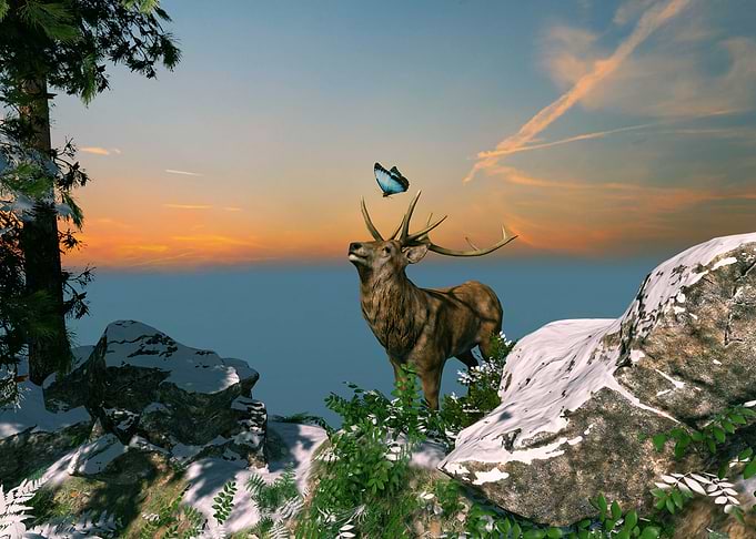 Deer and Butterfly in Mountain Landscape