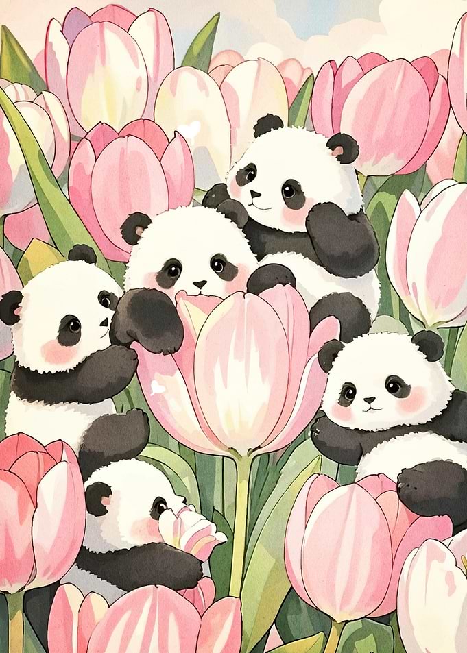 Panda Tulips Watercolor