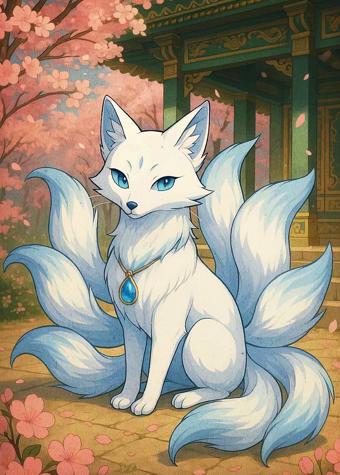 Nine-tailed Fox in a Cherry Blossom Garden