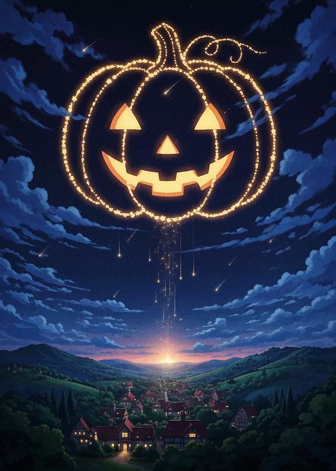 Halloween Pumpkin Lights Over Village
