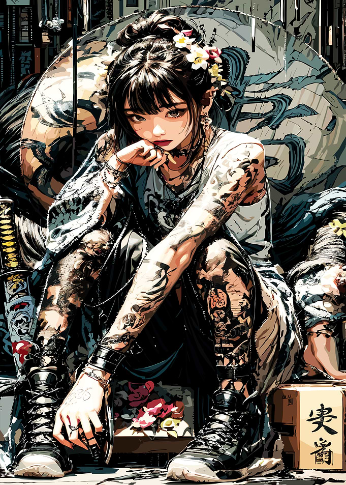 Tattooed Girl with Katana and Flowers