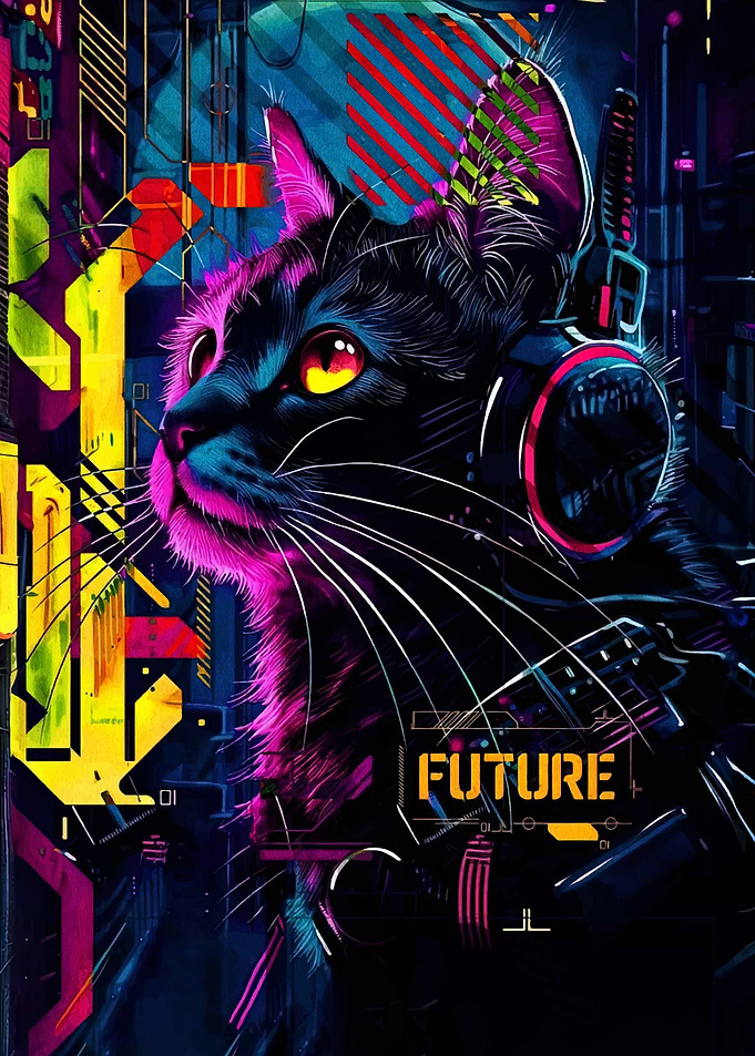 Cyberpunk Cat with Headphones