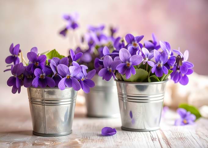 Violets in Metal Buckets