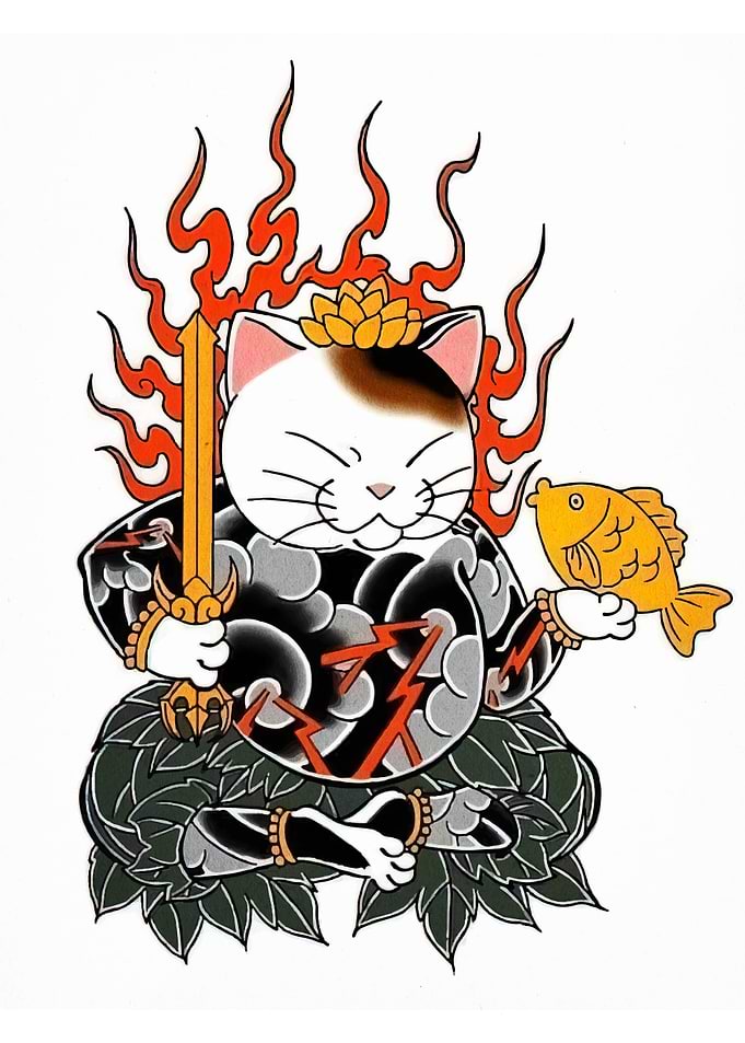 Japanese Cat Warrior with Sword and Fish