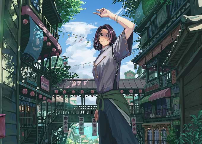 Anime Girl in Japanese Town