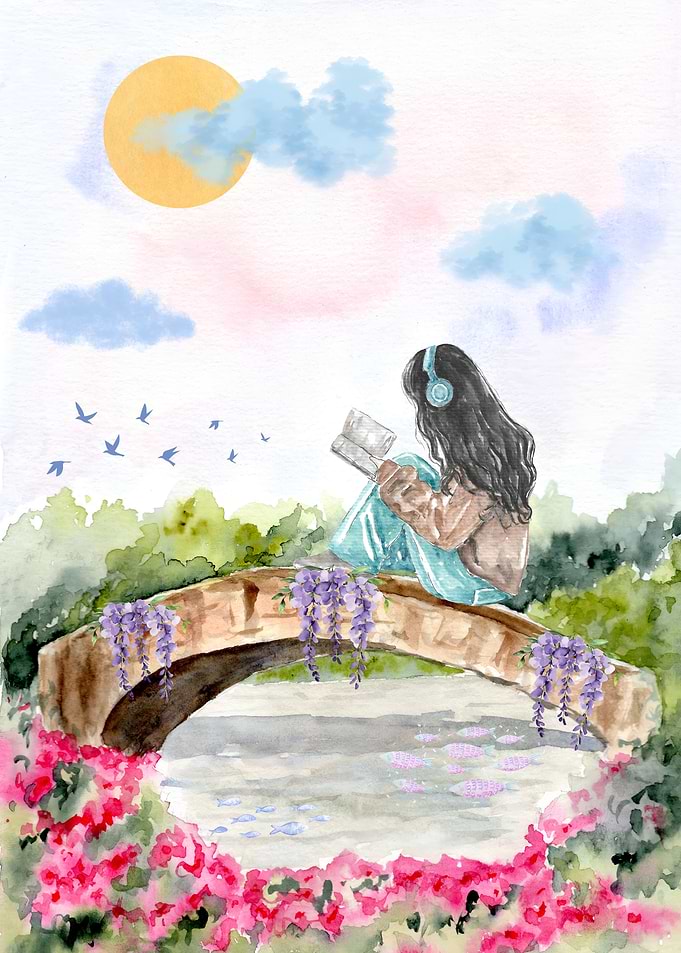 Girl reading on a bridge watercolor art