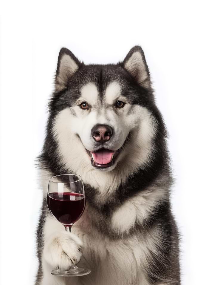 Alaskan Malamute dog holding glass of red wine