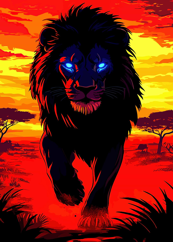 Lion with Glowing Eyes in Savannah