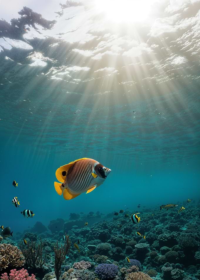Underwater scene with fish and coral