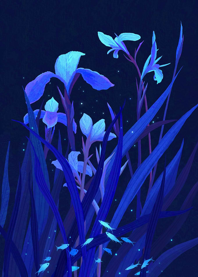 Blue Flowers and Fish Digital Art