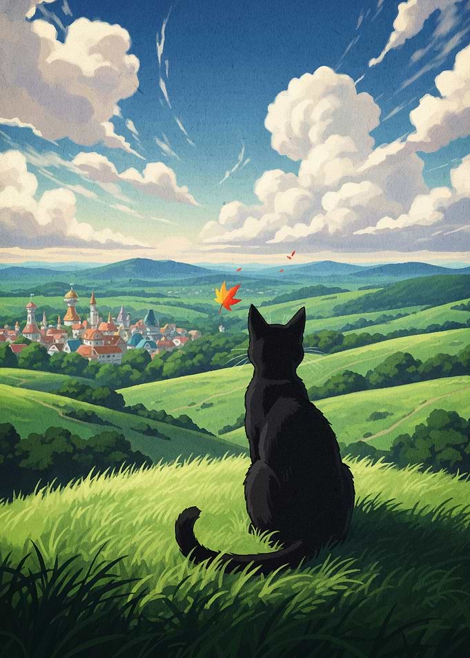 Black Cat Overlooking Fantasy Landscape