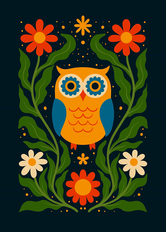 Stylized Owl with Floral Ornament