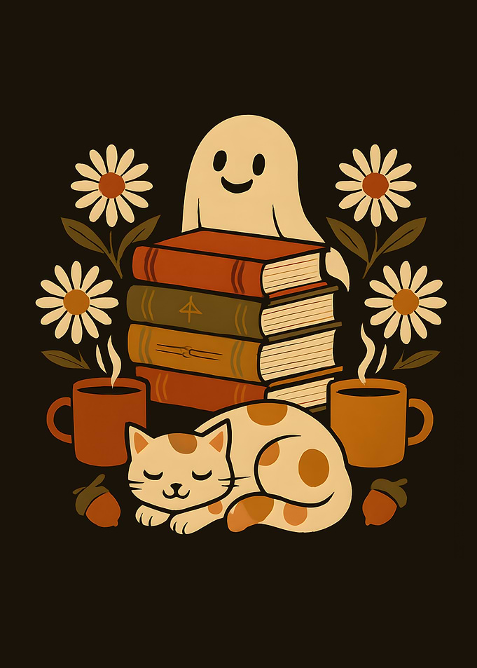 Cozy Autumn Illustration with Cat and Ghost