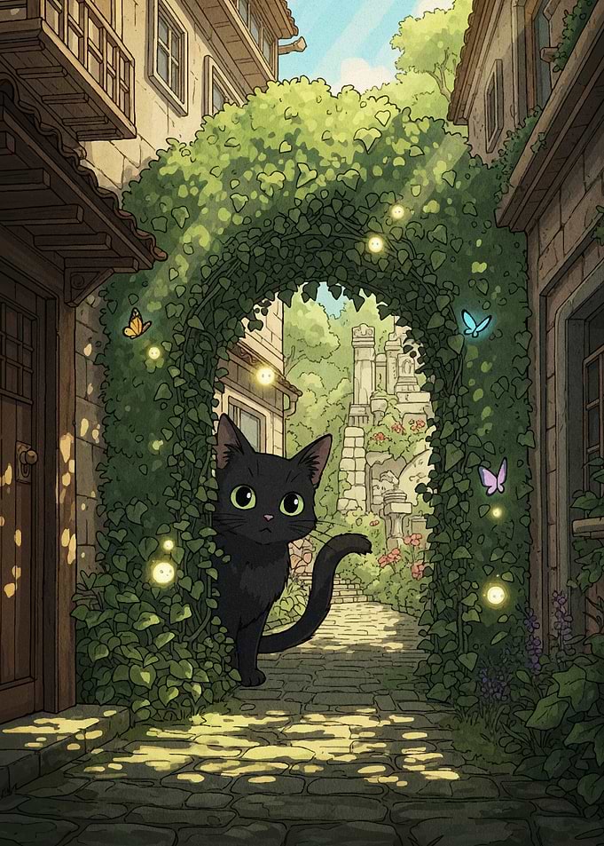 Black Cat in a Garden Archway