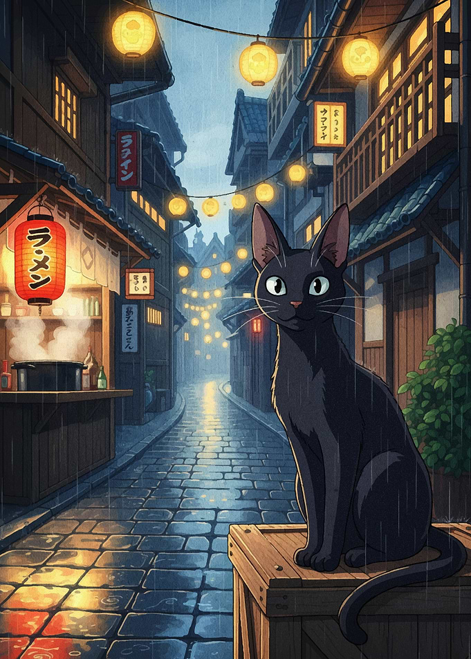 Black Cat in Rainy Japanese Alley