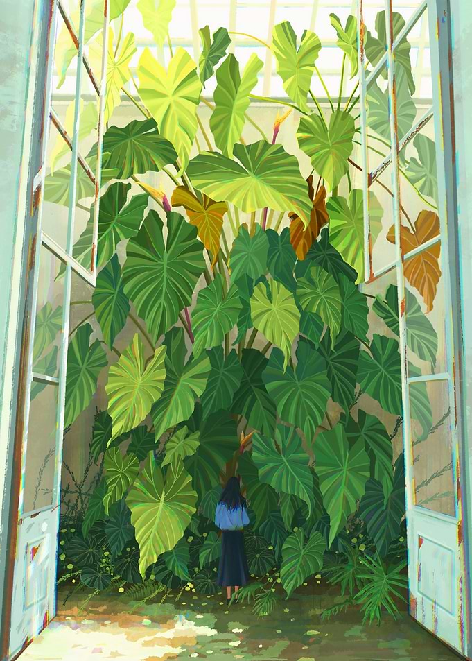 Greenhouse with Lush Plants and Figure