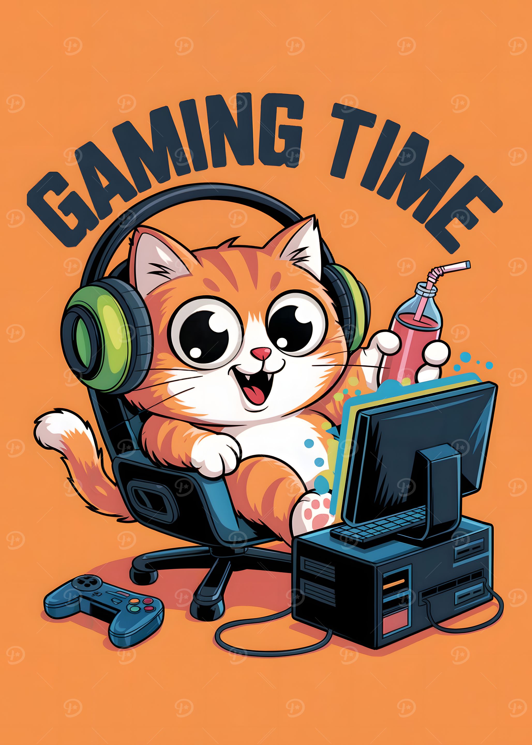 Cartoon Cat Gaming Time Illustration