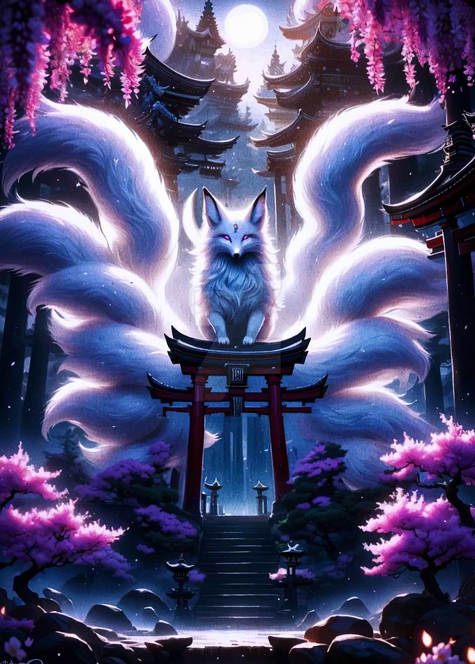 Nine-tailed Fox in Japanese Landscape