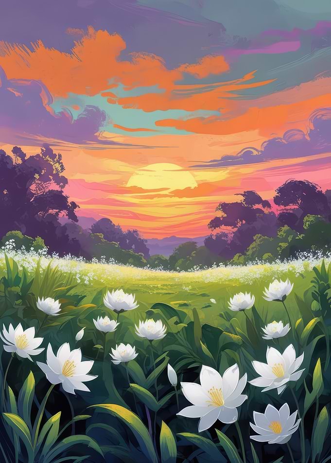 Floral Meadow at Sunset