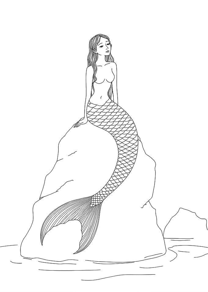 Mermaid on Rock Minimalist Line Art