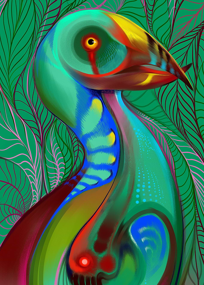 Abstract Bird Portrait with Green Foliage