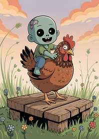 Zombie Kid Riding a Chicken Cartoon