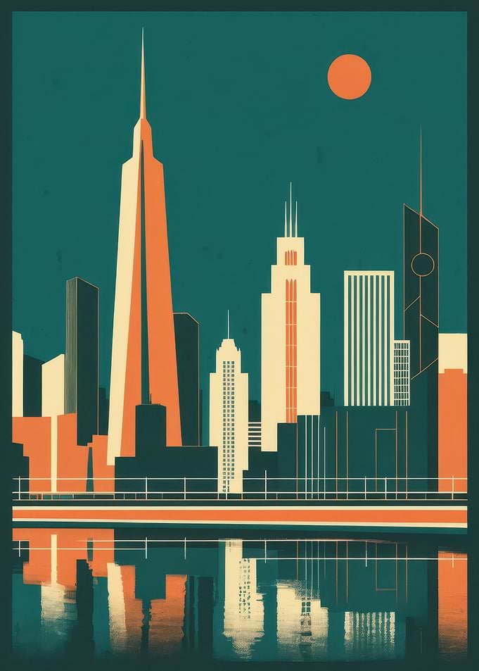 Minimalist Teal & Orange City Skyline Illustration — Retro Modern Urban Poster