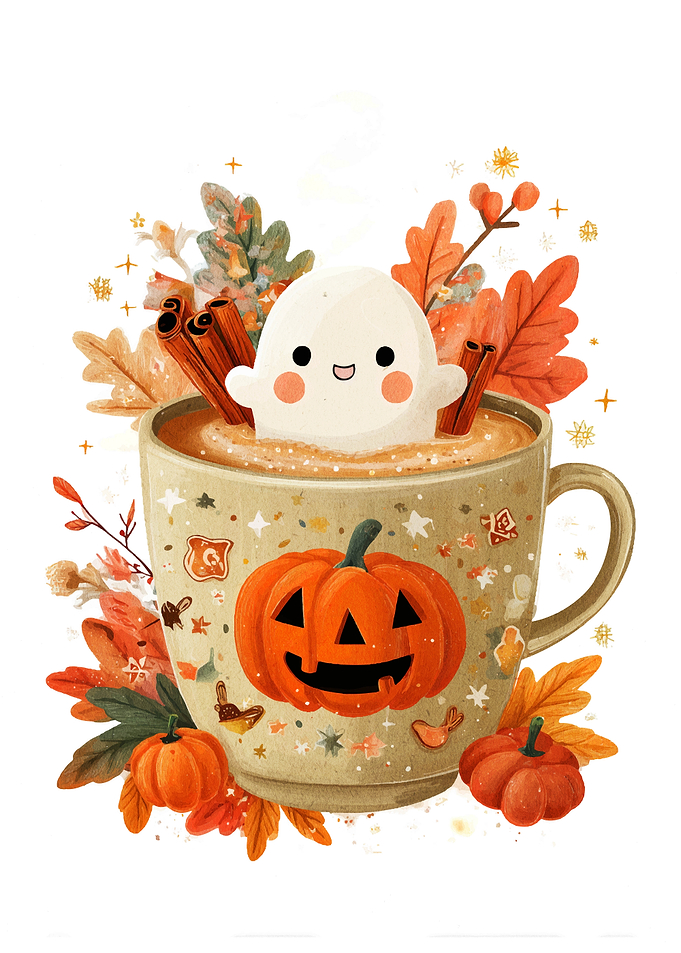 Cute Halloween Ghost in Pumpkin Spice Latte