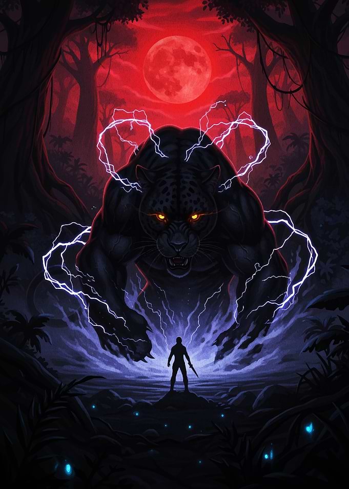 Black Panther and Warrior Under Red Moon