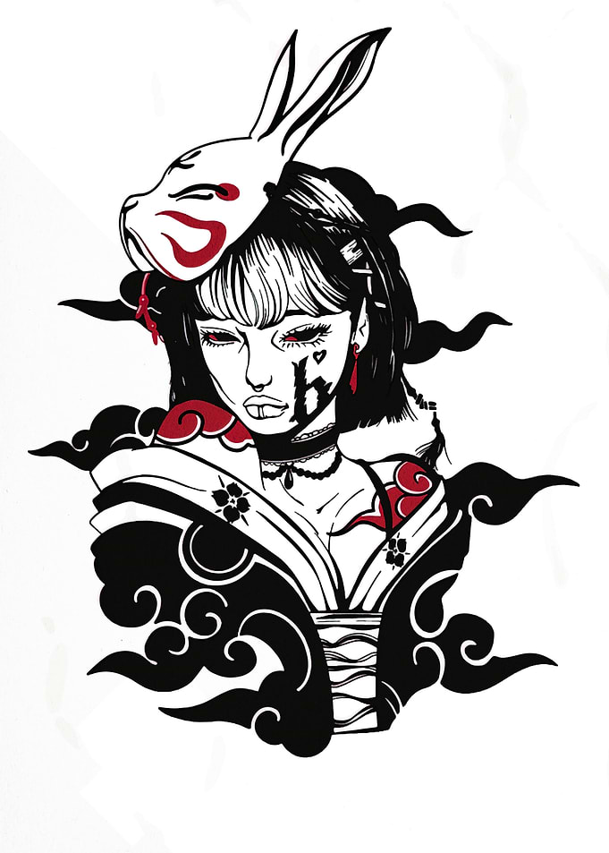 Anime Girl with Rabbit Mask Illustration