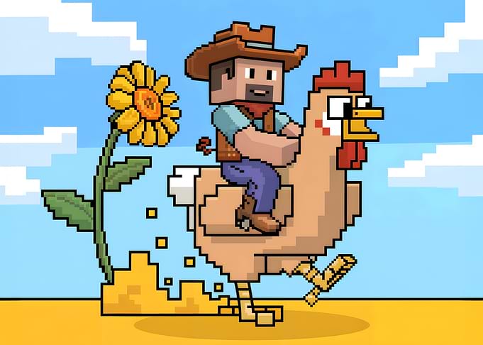 Pixel Art Cowboy Riding a Chicken