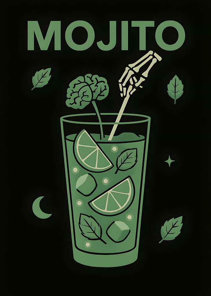 Halloween Mojito Cocktail Brain and Skeleton Hand