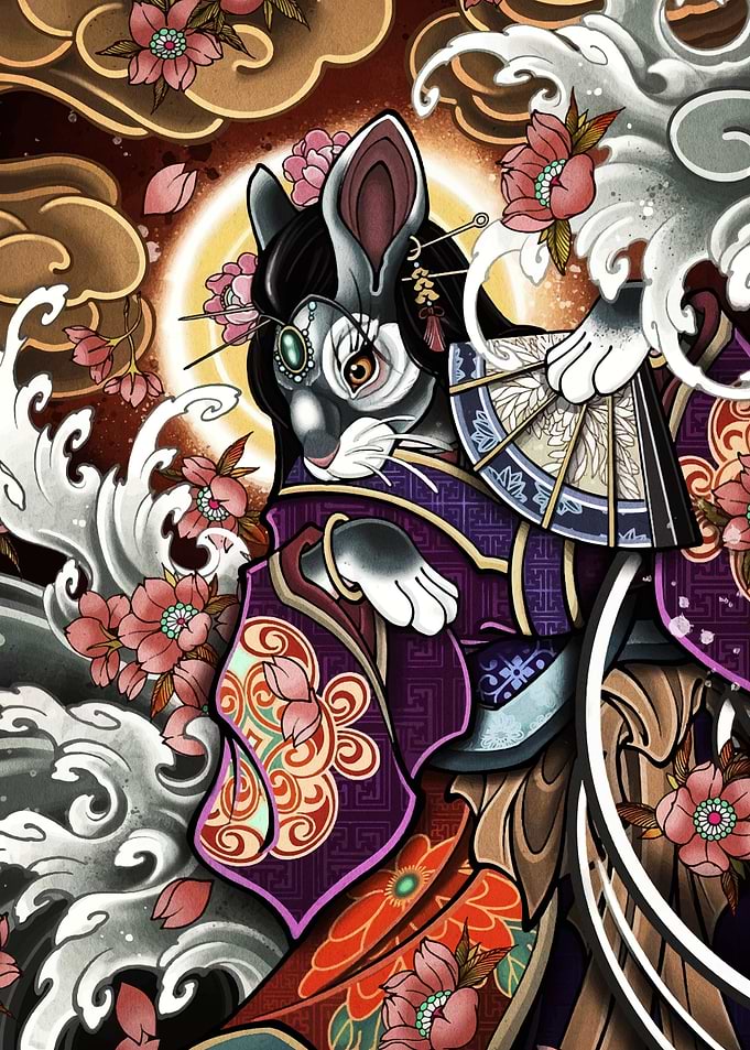 Rabbit Geisha with Fan and Flowers