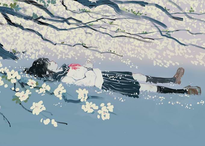 Girl Lying Under Cherry Blossom Tree