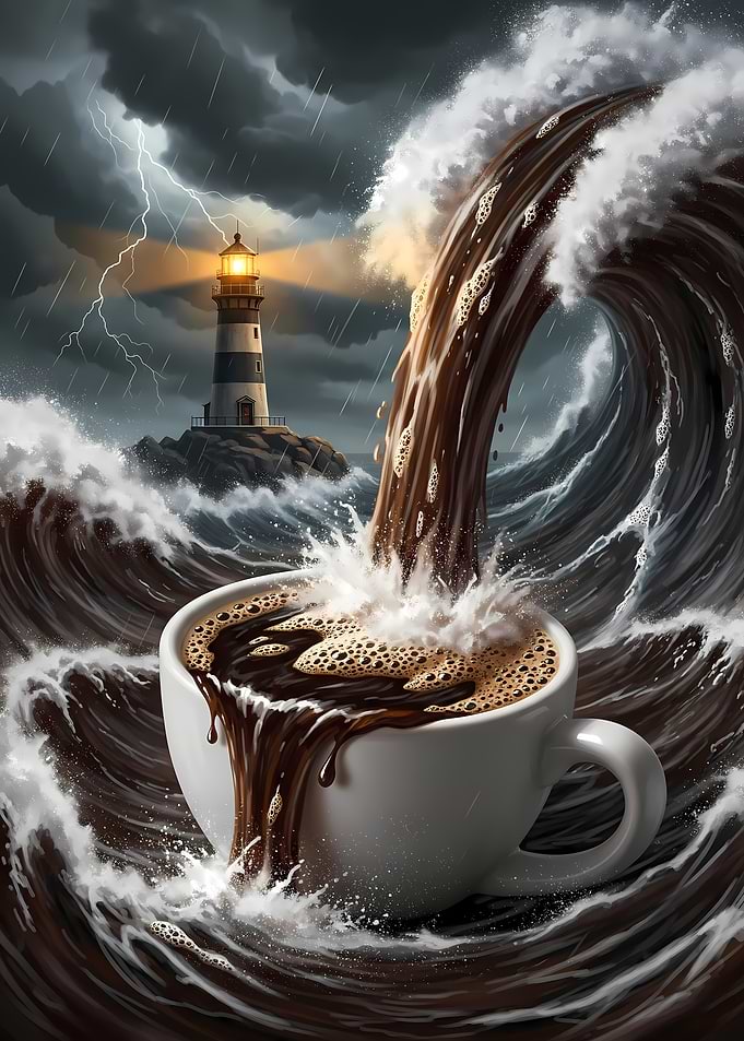 Stormy Coffee Wave – Painterly Digital Illustration with Lighthouse and Coffee Cup