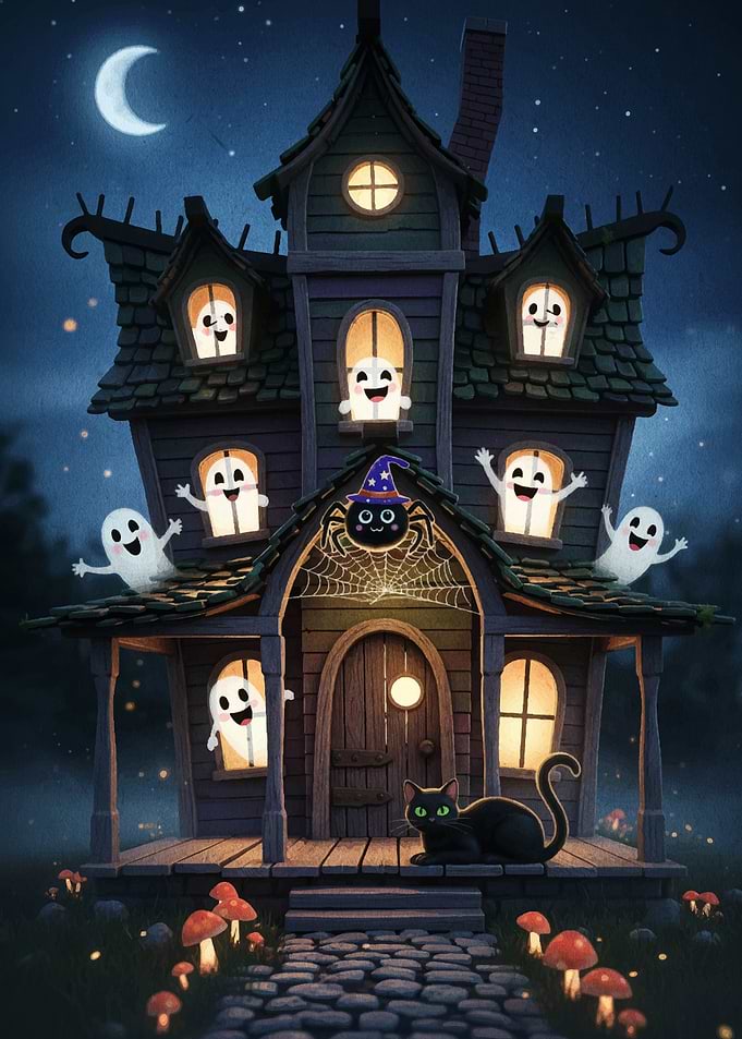 Spooky Halloween House with Ghosts and Cat